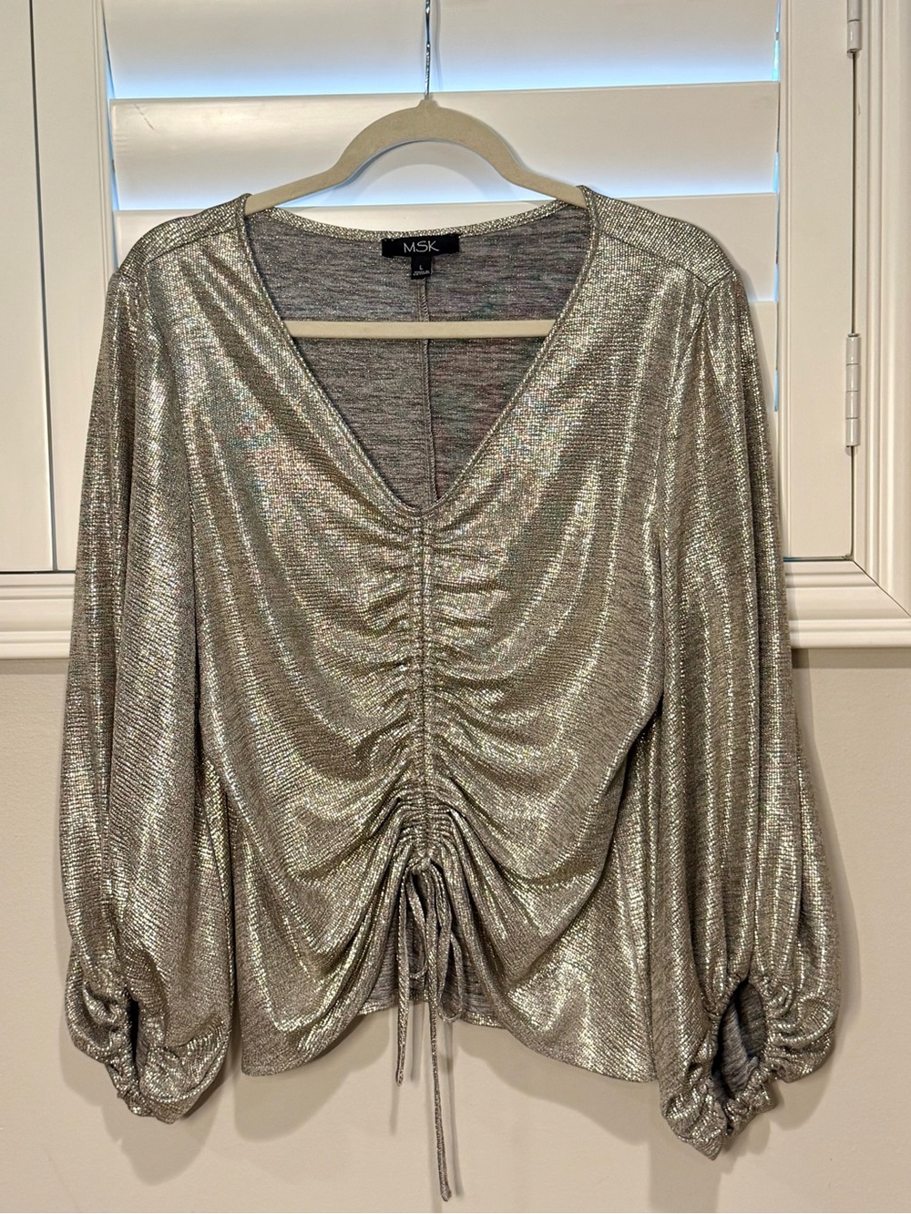 MSK Metallic Silver Ruched V-Neck Drawstring Top